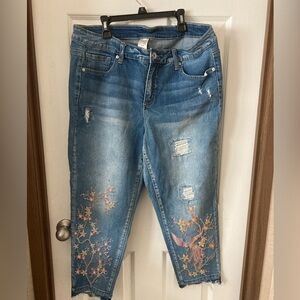 Terra & Sky Distressed Blue Jeans with Floral Embroidery womens 14w